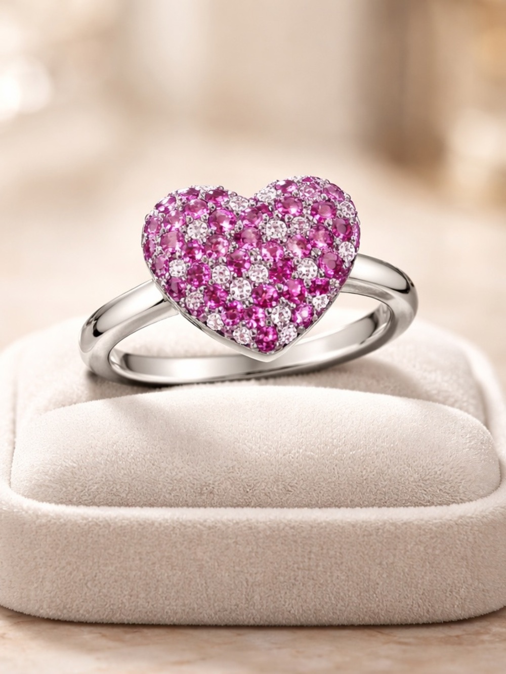 EFFY Pink Sapphire Heart Ring Sterling Silver Cluster Ring Size 7 Fine Jewelry